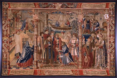 Flamandzki gobelin. Seria The Legend of the Madonna of the Sablon (Legenda Matki Bożej Sablon). Posąg Madonny przybywa do kościoła Sablon (Posąg Matki Boskiej zostaje przeniesiony do kościoła Sablon, La Estatua de autorstwa Bernard van Orley