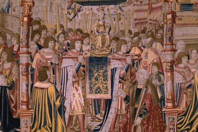 Flamandzki gobelin. Seria The Legend of the Madonna of the Sablon (Legenda Matki Bożej Sablon). Przybycie posągu Madonny. Produkcja w Brukseli. Rysownik Barend van Orley autorstwa Bernard van Orley