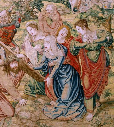 Flamandzki gobelin. Seria Męka Chrystusa. Upadek w drodze na Kalwarię (Caída en el camino del Calvario). Drugi gobelin w serii. Rysownik modeli Bernard van Orley. Manufaktura Pieter de Pannemaker, Bruksela. ok. 1518-1523. Tkanina Złoto, srebro, autorstwa Bernard van Orley