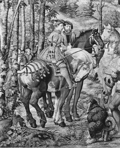 Polowania Maksymiliana, Lew, Polowanie na jelenie, Raport, Fabryka Gobelinów (gobelin) autorstwa Bernard van Orley