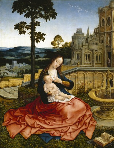 Matka Boska z Dzieciątkiem przy fontannie (olej na desce) autorstwa Bernard van Orley