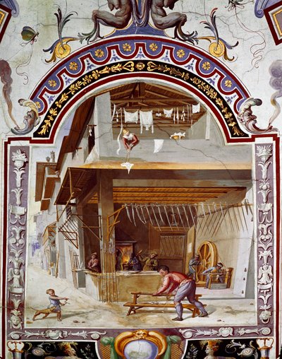 Reprezentacja warsztatu rusznikarza, na dnie pieca jeden z robotników robi miecz. Fresk Bernardino Barbatelli dit Poccetti (1548-1612) Florencja, Galleria degli Uffizi (Uffizi) autorstwa Bernardino Barbatelli Poccetti
