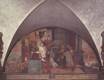 Św. Antonin przedstawia się papieżowi Eugeniuszowi III jako ambasador, luneta (fresk) autorstwa Bernardino Barbatelli Poccetti