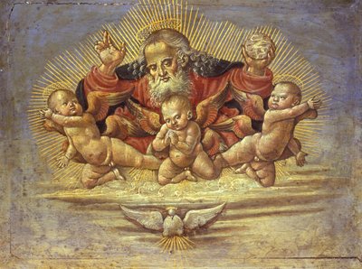Fragment ołtarza przedstawiającego Boga Ojca z Trzema Aniołami, ok. 1500 (tempera na drewnie) autorstwa Bernardino Fungai