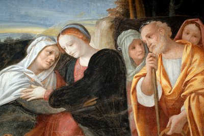 Maria ze św. Anną i św. Joachimem, fragment z Cyklu Dziewicy (1553), fresk Bernardino Lanino (1512-1583), dolna zakrystia w katedrze Novara, Piemont, Włochy autorstwa Bernardino Lanino
