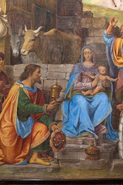 Fragment Adoracji Trzech Mędrców, Prezbiterium lub Kaplica Główna (fresk) autorstwa Bernardino Luini