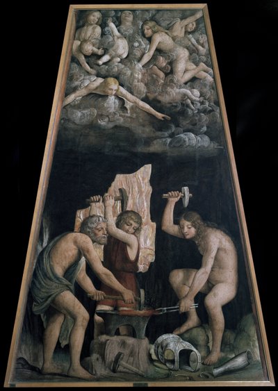 Boska broń wykuta w kuźni wulkanu na oczach aniołów leżących w chmurach, detal (fresk autorstwa Bernardino Luini