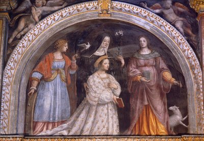 Włochy, Mediolan, kościół św. Maurycego al Monastero Maggiore, Ginevra Bentivoglio Sforza osłaniająca zasłonę autorstwa Bernardino Luini