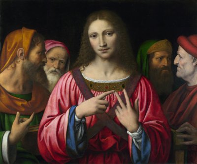 "Chrystus i doktorzy prawa" Obraz Bernardino Luiniego (1481-1532), ok. 1515-1530 wym. 72,4x85,7 cm Londyn, National Gallery - Luini, Bernardino (ok. 1480-1532) Chrystus wśród lekarzy Olej na drewnie ok. 1520 National Gallery, Londyn 72,4x85,7 autorstwa Bernardino Luini