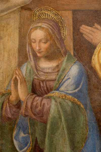 Szopka i adoracja pasterzy, ok. godz. 1520-1525. Detal (olej na panelu) autorstwa Bernardino Luini