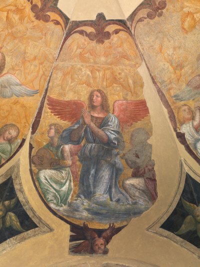 Modlący się anioł między dwoma klęczącymi muzykami i cherubinami autorstwa Bernardino Luini