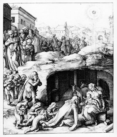 Adoracja Magów, rytowana przez Hendrika Goltziusa, ok. 1585 r. autorstwa Bernardino Passeri