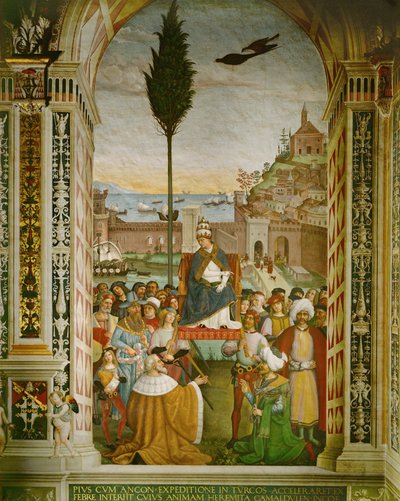 Eneasz Sylwiusz Piccolomini, papież Pius II w porcie w Ankonie we Włoszech, gdzie zmarł, czekając na zebranie się krzyżowców (fresk) autorstwa Bernardino di Betto Pinturicchio