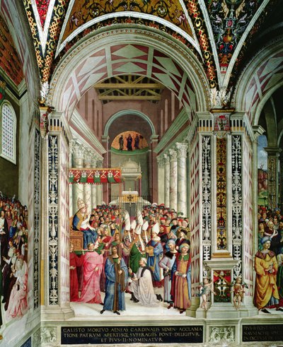 Eneasz Sylwiusz Piccolomini (1405-64), wybrany na papieża imieniem Pius II, wchodzi do kościoła św. Piotra, 3 września 1458 autorstwa Bernardino di Betto Pinturicchio