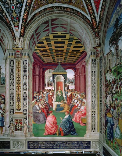 Eneasz Sylwiusz Piccolomini (1405-64) składa akt poddania się papieżowi Eugeniuszowi IV (1383-1447) 7 lutego autorstwa Bernardino di Betto Pinturicchio