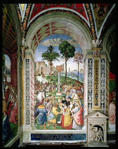 Eneasz Sylwiusz Piccolomini (1405-64) przedstawia Eleonorę Aragońską Fryderykowi III (1415-93) 24 lutego 1452 (fresk) autorstwa Bernardino di Betto Pinturicchio