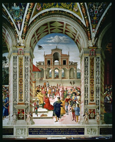 Eneasz Sylwiusz Piccolomini (1405-64) jest koronowanym poetą laureatem Fryderyka III (1415-93) w 1442 autorstwa Bernardino di Betto Pinturicchio