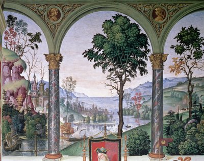 Krajobraz w tle widziany przez loggię, fragment z „Eneasz Sylwiusz Piccolomini (1405-64) wygłasza orację przed królem Szkockim Jakubem I (1394-1437) zimą 1435 r. autorstwa Bernardino di Betto Pinturicchio