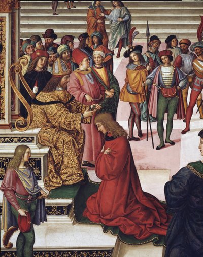 Enea Silvio Piccolomini (Pius II) został koronowany na niskiego poetę przez cesarza Fryderyka III. Szczegół — Świeże autorstwa Bernardino di Betto Pinturicchio
