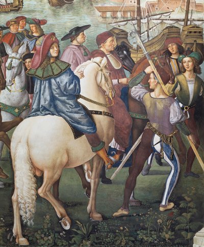 Enea Silvio Piccolomini wyjeżdżający do Bazylei w charakterze sekretarza biskupa Ferrary, fragment z "Dziejów Piusa II autorstwa Bernardino di Betto Pinturicchio