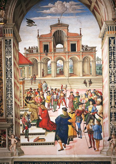 Włochy, Siena, Katedra, Biblioteka Piccolominiego, Enea Silvio Piccolomini nagrodzony przez cesarza Fryderyka III poetą, fragment Opowieści Piusa II autorstwa Bernardino di Betto Pinturicchio