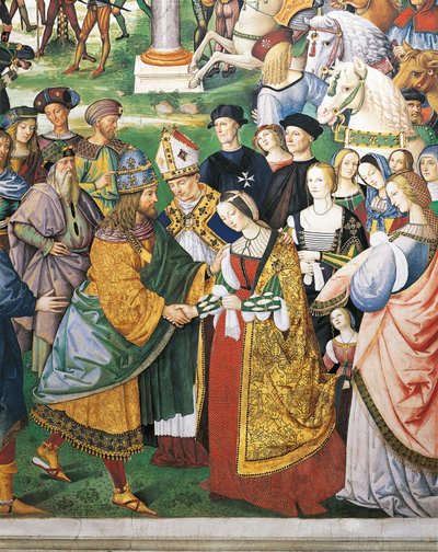 Włochy, Siena, Katedra, Biblioteka Piccolomini, Enea Silvio Piccolomini, biskup Sieny uczestniczący w koronacji Fryderyka III i Eleonory Aragońskiej, fragment Opowieści Piusa II autorstwa Bernardino di Betto Pinturicchio
