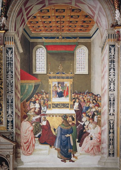Włochy, Siena, Katedra, Biblioteka Piccolomini, Enea Silvio Piccolomini odbiera kapelusz kardynalski z Kaliksta III, fragment z Opowieści Piusa II autorstwa Bernardino di Betto Pinturicchio