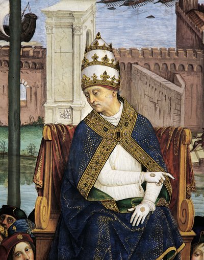 Włochy, Siena, Katedra, Biblioteka Piccolomini, Pius II przybywający do Ankony w celu przyspieszenia krucjaty, fragment Opowieści Piusa II autorstwa Bernardino di Betto Pinturicchio