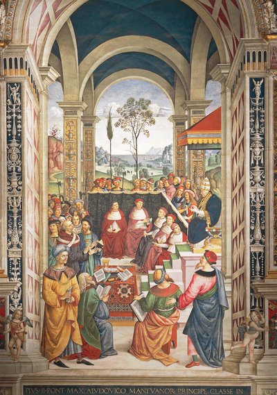 Włochy, Siena, Katedra, Biblioteka Piccolomini, Pius II zebrany w Mantui na sejm zorganizowany w celu zaplanowania krucjaty przeciwko Turkom, fragment Opowieści Piusa II autorstwa Bernardino di Betto Pinturicchio