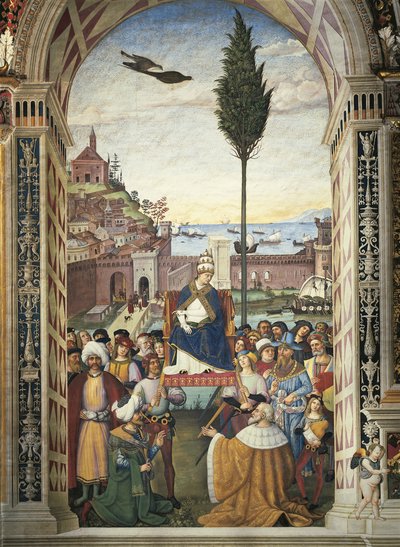 Włochy, Siena, Katedra, Biblioteka Piccolomini, Historie Piusa II: Pius II przybywa do Ankony, by przyspieszyć krucjatę autorstwa Bernardino di Betto Pinturicchio