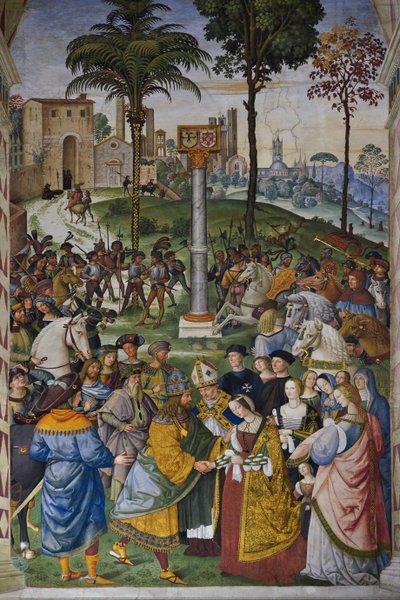 Włochy Toskania Siena, Cathedrale Duomo: Biblioteka Piccolomini - Spotkanie Fryderyka III (Fryderyka V Habsburga autorstwa Bernardino di Betto Pinturicchio