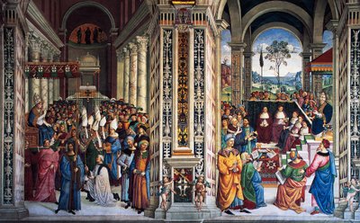 Pius II przybywający do Ankony, aby rozpocząć krucjatę (XVI wiek), fresk Pinturicchio (1452-1513), Biblioteka Piccolomini, katedra w Sienie, Toskania, Włochy autorstwa Bernardino di Betto Pinturicchio