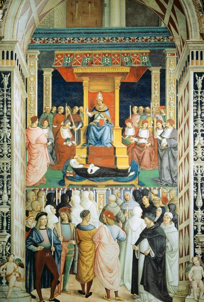Pius II kanonizował św. Katarzynę ze Sieny w 1461 r. autorstwa Bernardino di Betto Pinturicchio