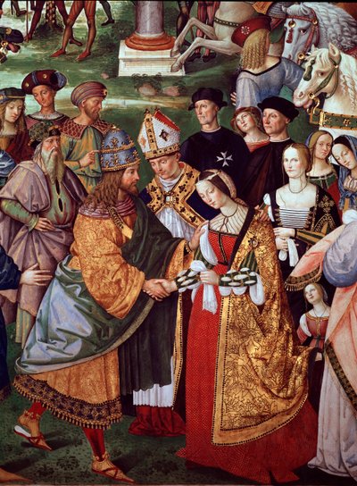 Poeta Enee Silvio Piccolomini przedstawia Eleonorę z Portugalii cesarzowi Fryderykowi III Świętego Cesarstwa przy Bramie Camollia. Szczegóły życia papieża Piusa II (Fresco autorstwa Bernardino di Betto Pinturicchio
