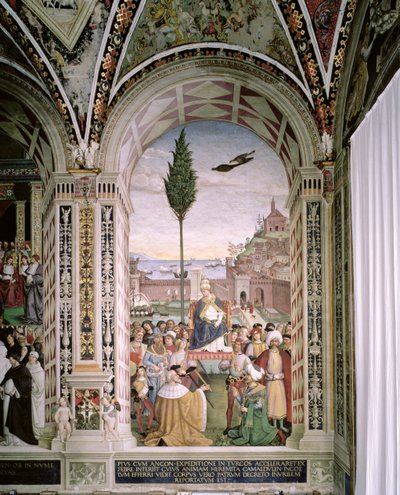 Papież Pius II (1405-64), w Ankonie, błogosławi flotę, która ma wyruszyć do Ziemi Świętej 15 sierpnia 1464 autorstwa Bernardino di Betto Pinturicchio