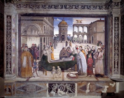 Historia św. Bernardyna, śmierć świętego (fresk, ok.1486) autorstwa Bernardino di Betto Pinturicchio