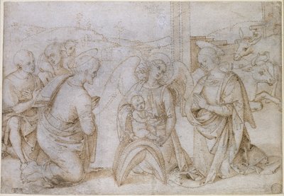 Adoracja pasterzy, WA1855.90 (długopis i brązowy tusz na złamanym papierze, nakłuty do transferu) autorstwa Bernardino di Betto Pinturicchio