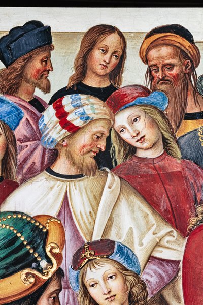 Biblioteka Piccolomini, ściana północno-wschodnia: „Eneasz Sylwiusz wygłasza orację przed królem Szkockim Jakubem I, zima 1435” autorstwa Bernardino di Betto Pinturicchio