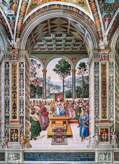 Biblioteka Piccolomini, ściana północno-wschodnia: „Eneasz Sylwiusz wygłasza orację przed królem Szkockim Jakubem I, zima 1435” autorstwa Bernardino di Betto Pinturicchio