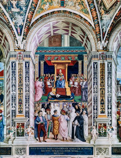 Biblioteka Piccolomini, ściana południowo-zachodnia: „Pius II kanonizuje św. Katarzynę ze Sieny, 29 czerwca autorstwa Bernardino di Betto Pinturicchio
