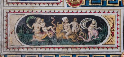 Biblioteka Piccolomini, strop: mniejsza tablica ze sceną thiasus morskiego (trytony, putto i nereida), fresk Bernardino di Betto, znany jako Pinturicchio. autorstwa Bernardino di Betto Pinturicchio