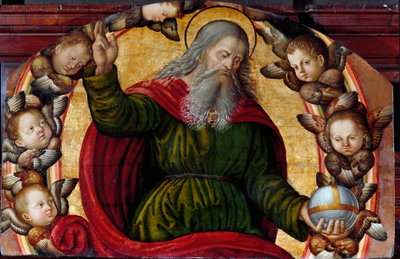 Wieczny ojciec (Bóg) i cherubiny. Bóg ma uniesione palce prawej ręki na znak błogosławieństwa, w lewej trzyma globus. Obraz szkoły Bernardino di Betto dit il Pinturicchio (1454-1513). Olej na drewnie. Sant 