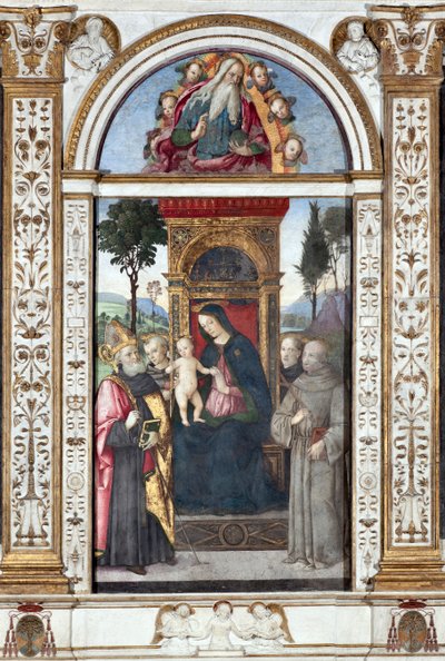 Dziewica z Dzieciątkiem i św. Augustyn, św. Franciszek i św. Antoni Padewski - Fresk Pinturicchio (Bernardino di Betto) (1454-1513) 1484-1492 Rzym, Bazylika Santa Maria del Popolo (Kościół Santa Maria del Popolo), Kaplica Basso della Rovere Włochy autorstwa Bernardino di Betto Pinturicchio