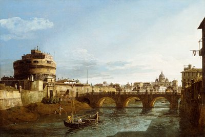 Widok Rzymu na zachód, z łodziami wzdłuż Tybru i Zamkiem Świętego Anioła w oddali, autorstwa Bernardo Bellotto