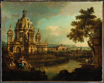 Capriccio z kopułą kościoła i zabudowań w Pirnie, ok.1765 autorstwa Bernardo Bellotto