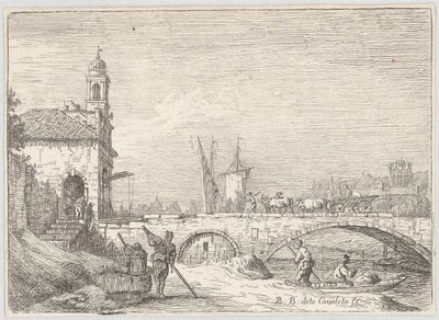 Capriccio z mostem i budynkiem bramnym w stylu padewskiej Porta Portello autorstwa Bernardo Bellotto