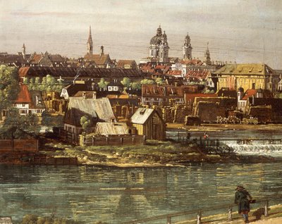 Widok Monachium z Haidhausen z rzeką Izarą w centrum, fragment autorstwa Bernardo Bellotto