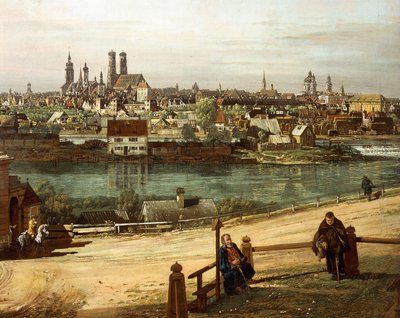 Widok Monachium z Haidhausen z rzeką Izarą w centrum, fragment autorstwa Bernardo Bellotto