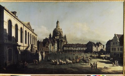 „Widok na Nowy Rynek w Dreźnie” (Neumarkt w Dreźnie) Możemy zobaczyć kościół NMP (Notre-Dame) (Frauenkirche) Obraz Bernardo Bellotto (1720-1780) 1747 wym. 134x236 cm Muzeum „Ermitaż, Sankt Petersburg (Petersburg) autorstwa Bernardo Bellotto