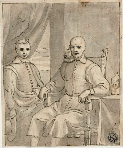 Portret siedzącego duchownego i stojącego chłopca autorstwa Bernardo Castello